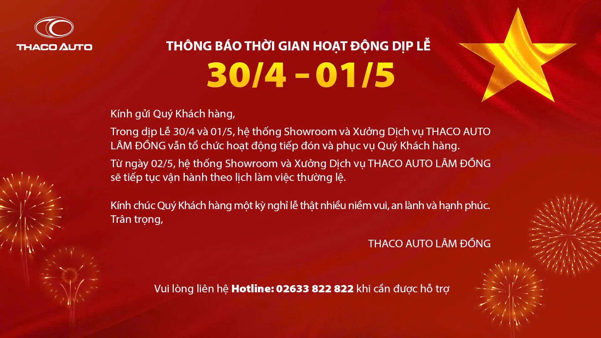 THACO AUTO LÂM ĐỒNG THÔNG BÁO THỜI GIAN HOẠT ĐỘNG DỊP LỄ 30/4 - 01/5