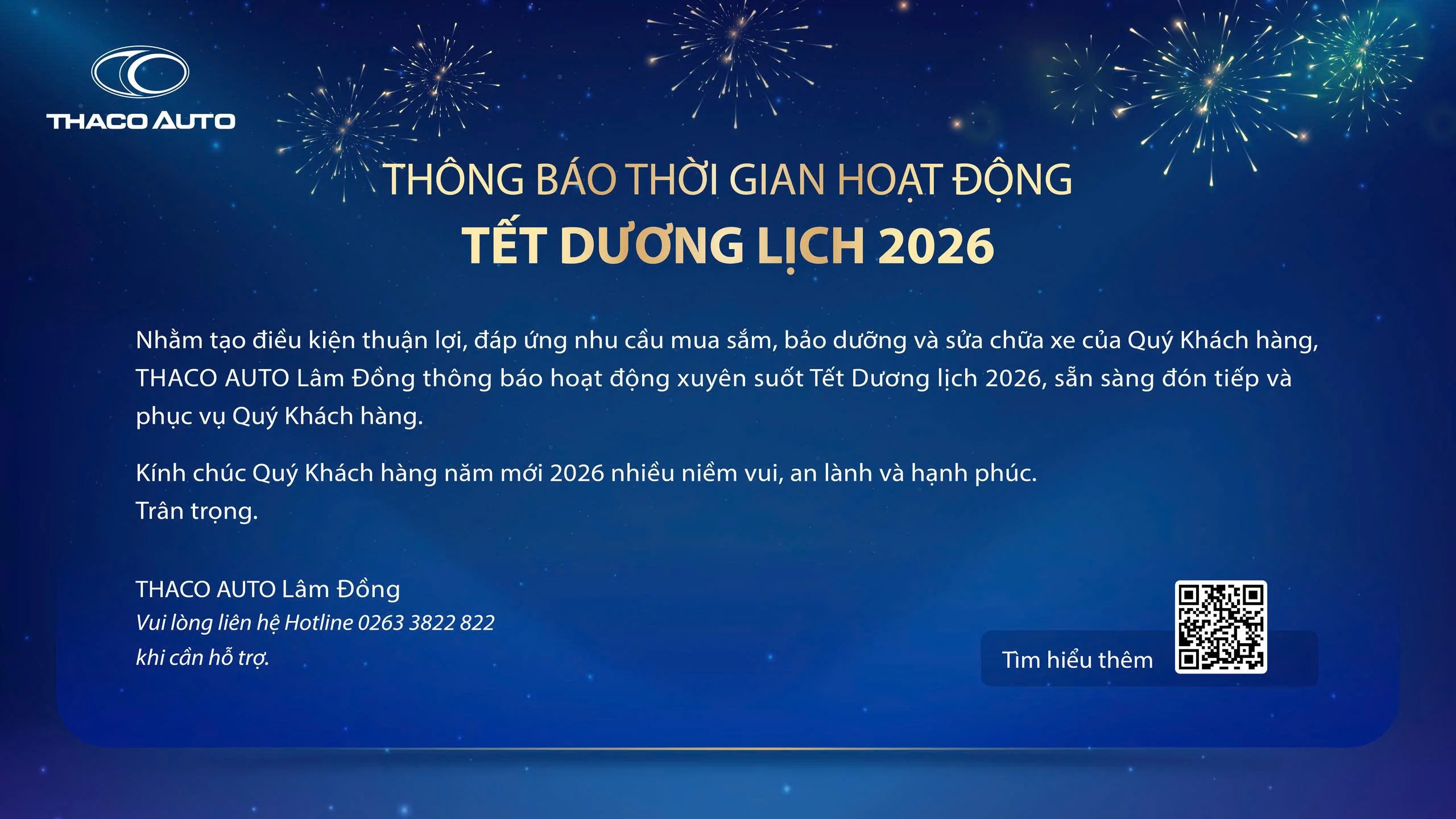 THACO AUTO LÂM ĐỒNG THÔNG BÁO LỊCH HOẠT ĐỘNG TRONG DỊP TẾT DƯƠNG LỊCH 2026