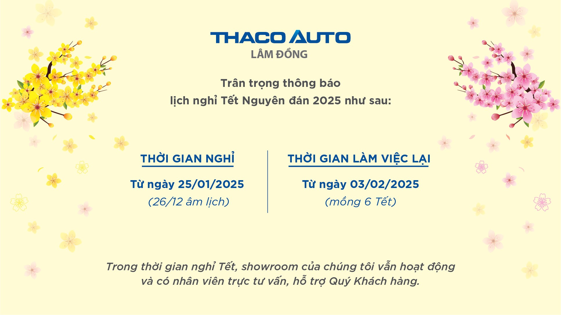 THACO AUTO Lâm Đồng trân trọng thông báo lịch nghỉ Tết Nguyên đán 2025